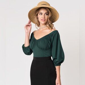 Micheline Pitt for Unique Vintage Hissy Fit Retro Peasant Top Dark Green